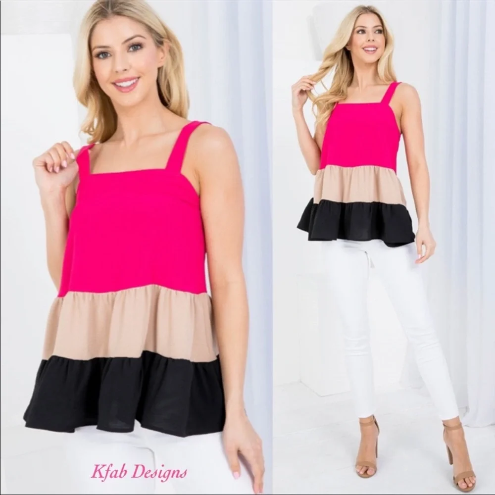 ❤️LAST 1! Fuchsia Square Neckline Tiered Ruffle Color Block Top! - Picture 3 of 7